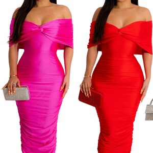 This Women's Fashion Solid Color Ruched Sexy Off Shoulder Slim Long Dress For Women Design Made Of Good Quality Polyster And Spandex Material