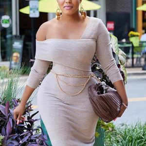 This Women's Fashion Solid Slash Shoulder Long Sleeve Metal Chain Belt Dress Design Made Of High Quality Polyster And Spandex Material. It Come With Good Stretch And Wearing Comfortable. Women¡¯s Midi Dresses Is Omnipotent And Suit For All Kinds Of Occasions - Daily Wear