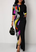 This Women's Fashionable Print Contrast Color Round Neck Half-Sleeve High Waist Maxi Dress Design Made Of High Quality Polyster And Spandex Material