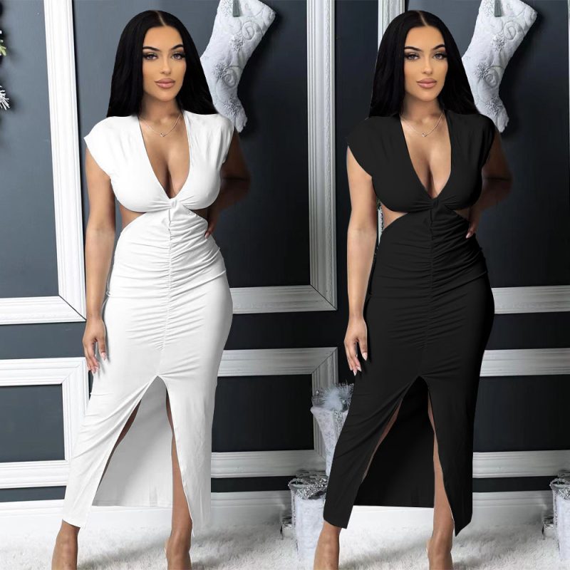 This Women's Featured Fashion Open Waist Slit Sexy Slim Crinkle Dress Design Made Of High Quality Polyster And Spandex Material