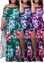 This Women's Flowers Off Shoulder Fashion Plus Size Dress Made Of Soft And Elastic Fabric. Global Lover Wholesale Plus Size Dresses And Hope Curvy Ladies Find Here a Warm And Exciting Place To Shop Affordable Curvy Dresses Online - Plus Size Casual