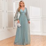 This Women's Glittery Pleated Elastic See-Through Long Sleeve v-Neck Legant Evening Gown Design Made Of Good Quality Polyster And Spandex Material