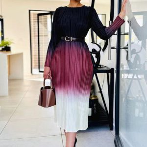 This Women's Gradient Positioning Print Long Sleeve Pleated Dress Design Made Of High Quality Polyster And Spandex Material. It Come With Good Stretch And Wearing Comfortable. Women¡¯s Midi Dresses Is Omnipotent And Suit For All Kinds Of Occasions - Daily Wear