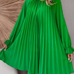 This Women's Green Pleated Boho Dress Design Made Of High Quality Polyster And Spandex Material. It Is Stretchy