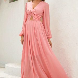 This Women's Knot Cutout Balloon Sleeve Long Dress Design Made Of High Quality Polyster And Spandex Material