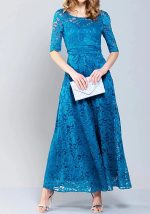 This Women's Lace Hollow Half-Sleeve Round Neck Solid Color Evening Dress Design Made Of High Quality Polyster And Spandex Material. It Is Stretchy