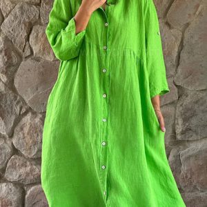 This Women's Linen Solid Color Casual Stand Collar Button Long Dress Design Made Of High Quality Polyster And Spandex Material. It Is Stretchy