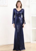 This Women's Long Sleeve Formal Party Chic French Luxurious Sequined Mermaid Long Evening Dress Design Made Of Good Quality Polyster And Spandex Material