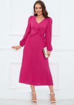 This Women's Long Sleeve v Neck Slim Pleated Dress Solid Color Lantern Sleeve Long Dress Design Made Of High Quality Polyster And Spandex Material. It Is Stretchy