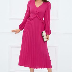 This Women's Long Sleeve v Neck Slim Pleated Dress Solid Color Lantern Sleeve Long Dress Design Made Of High Quality Polyster And Spandex Material. It Is Stretchy