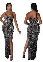 This Women's Nightclub Party Sexy Sling Slit Beaded Dress Design Made Of High Quality Polyster And Spandex Material