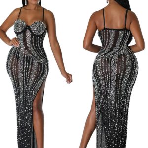 This Women's Nightclub Party Sexy Sling Slit Beaded Dress Design Made Of High Quality Polyster And Spandex Material