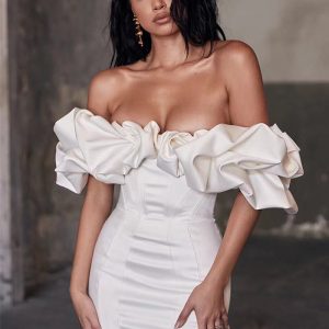 This Women's Off Shoulder Fashion Sexy Low Back Dress Puff Neck Mini Gown Design Made Of Good Quality Polyster And Spandex Material