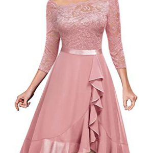 This Women's Off Shoulder Half-Sleeve Sexy Lace Chiffon a-Line Dress Design Made Of High Quality Polyster And Spandex Material. It Is Stretchy