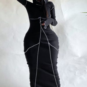 Diese Frauen Patchwork Hooded Langarm Sexy Langes Kleid Design aus hochwertigem Polyster und Spandex Material