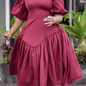 This Women's Pleated African Plus Size Fashion Puff Sleeve Dress Design Made Of High Quality Polyster And Spandex Material. It Is Stretchy