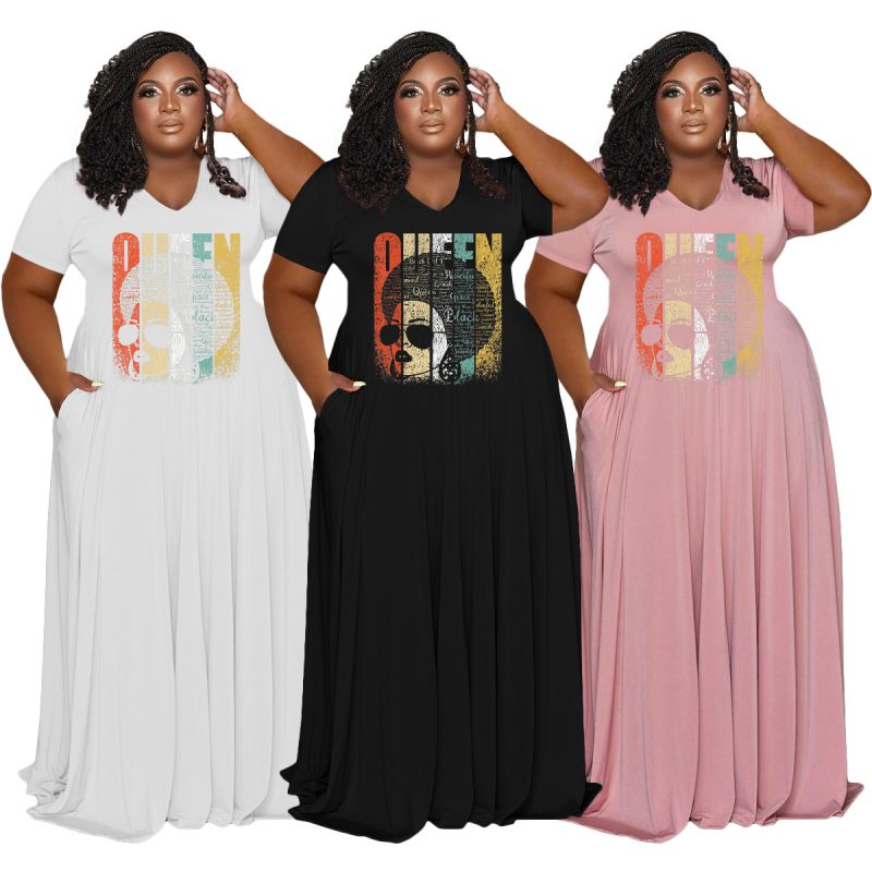 This Women's Plus Size Dress Casual v-Neck Queen Print Short Sleeve Casual Plus Size Women's Maxi Dress Made Of Soft And Elastic Fabric. Global Lover Wholesale Plus Size Dresses And Hope Curvy Ladies Find Here a Warm And Exciting Place To Shop Affordable Curvy Dresses Online - Plus Size Casual