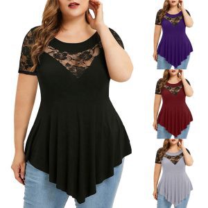 Diese Womens Plus Size Floral Lace Short Sleeve Irregular See-Through Round Neck Women's Top aus bequemen und elastischen Stoff. Es ist Großhandel Sexy Plus Size Tops für Frauen. Mit dem allmählichen Anstieg des feministischen Bewusstseins