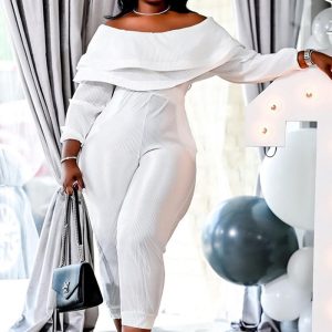 This Women's Plus Size Loose Ruffle Off Shoulder Ribbed Jumpsuit Design Made Of High Quality Polyster And Spandex Material. It Is Stretchy