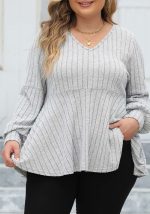 This Women's Plus Size Tops Spring And Autumn v-Neck Ribbed Lantern Sleeve t-Shirt Basic Shirt Made Of Comfortable And Elastic Fabric. It Is Wholesale Sexy Plus Size Tops For Women. With The Gradual Rise Of Feminist Awareness