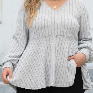 This Women's Plus Size Tops Spring And Autumn v-Neck Ribbed Lantern Sleeve t-Shirt Basic Shirt Made Of Comfortable And Elastic Fabric. It Is Wholesale Sexy Plus Size Tops For Women. With The Gradual Rise Of Feminist Awareness