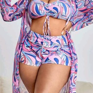 This Women's Print Drawstring High Waisted Two Pieces Swimsuit Long Sleeve Blouse Plus Size Three-Piece Swimwear Is Made Of Good Quality Lycra And Spandex Fabric