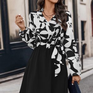 This Women's Print v-Neck Long Sleeve Belt Casual Dress Design Made Of High Quality Polyster And Spandex Material. It Is Stretchy