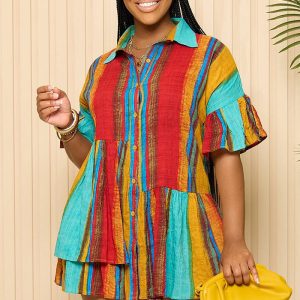 This Womens Printed Color Block Patchwork Short Sleeve Shirt Dress Design Made Of High Quality Polyster And Spandex Material. It Is Stretchy