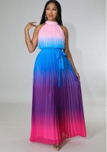 This Women's Round Neck Sleeveless Maxi Pleated Tie Dye Pressed Pleated Slim Waist Rainbow Dress Design Made Of High Quality Polyster And Spandex Material