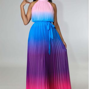 This Women's Round Neck Sleeveless Maxi Pleated Tie Dye Pressed Pleated Slim Waist Rainbow Dress Design Made Of High Quality Polyster And Spandex Material