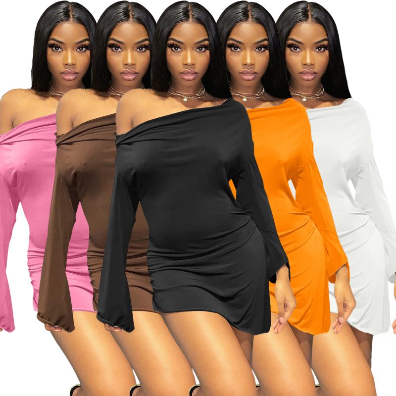 This Women's Ruffled Split Hem Bell Bottom Sleeves Sexy Off Shoulder Dress Design Made Of High Quality Polyster And Spandex Material. It Is Stretchy