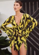 This Women's See-Through Print Sexy Bell Bottom Sleeve Slit Bodycon Dress Design Made Of High Quality Polyster And Spandex Material. It Is Stretchy