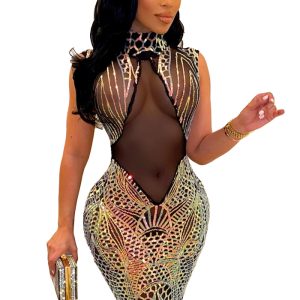 This Women's Sequin Dress Slim Nightclub Sexy See-Through Bodycon Dress Design Made Of High Quality Polyster And Spandex Material