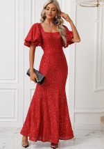 This Women's Sequin Square Neck Slim Formal Party Evening Dress Design Made Of Good Quality Polyster And Spandex Material