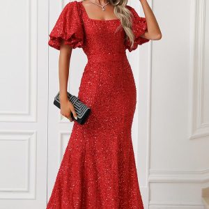 This Women's Sequin Square Neck Slim Formal Party Evening Dress Design Made Of Good Quality Polyster And Spandex Material