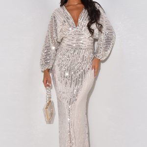 This Women's Sequined Long Sleeve v-Neck Sexy Long Dress Design Made Of Good Quality Polyster And Spandex Material