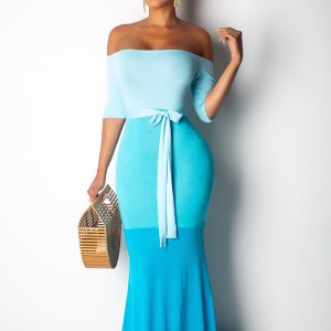 This Women's Sexy Fashionable Off Shoulder Three-Color Patchwork Mermaid Maxi Dress Design Made Of High Quality Polyster And Spandex Material