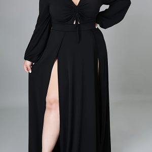 This Women's Sexy Long Sleeve Slit Plus Size Dress Made Of Soft And Elastic Fabric. Global Lover Wholesale Plus Size Dresses And Hope Curvy Ladies Find Here a Warm And Exciting Place To Shop Affordable Curvy Dresses Online - Plus Size Casual