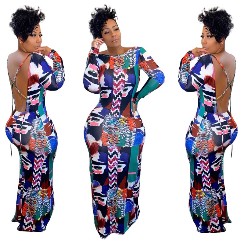 This Women's Sexy Low Back Printed Long Sleeve Dress Women Design Made Of High Quality Polyster And Spandex Material