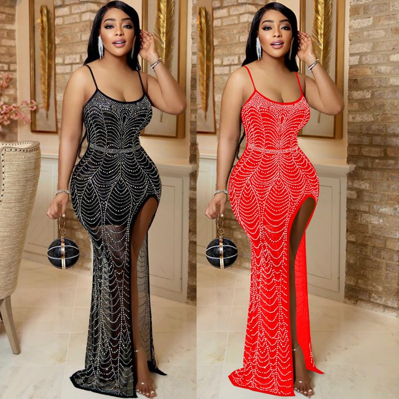 This Women's Sexy Nightclub Mesh Beaded Straps Party Dress Design Made Of High Quality Polyster And Spandex Material