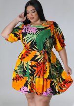 This Women's Sexy Printed Dress Balloon Sleeves Sexy Round Neck Leaf Print Plus Size Dress Made Of Soft And Elastic Fabric. Global Lover Wholesale Plus Size Dresses And Hope Curvy Ladies Find Here a Warm And Exciting Place To Shop Affordable Curvy Dresses Online - Plus Size Casual