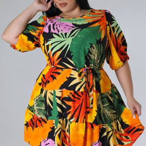 This Women's Sexy Printed Dress Balloon Sleeves Sexy Round Neck Leaf Print Plus Size Dress Made Of Soft And Elastic Fabric. Global Lover Wholesale Plus Size Dresses And Hope Curvy Ladies Find Here a Warm And Exciting Place To Shop Affordable Curvy Dresses Online - Plus Size Casual