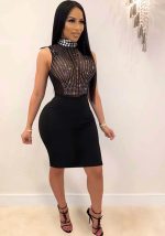 This Women's Sexy See-Through Turtleneck Beaded Sleeveless Party Dress Design Made Of High Quality Polyster And Spandex Material