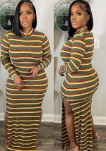 This Women's Sexy Slit Ribbed Striped Dress Design Made Of High Quality Polyster And Spandex Material. It Is Stretchy