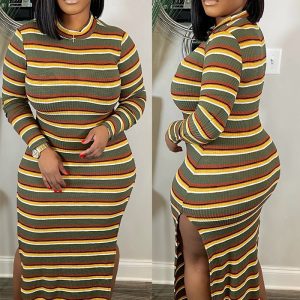 This Women's Sexy Slit Ribbed Striped Dress Design Made Of High Quality Polyster And Spandex Material. It Is Stretchy