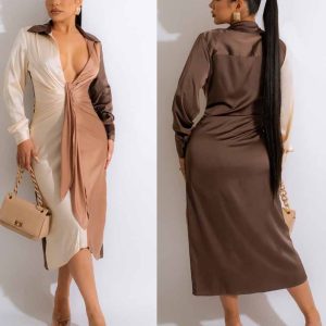 This Women's Sexy Solid Color Patchwork Lace-Up v-Neck Long Sleeve Dress Design Made Of High Quality Polyster And Spandex Material