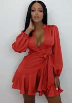 This Women's Sexy Wrap Neck Long Sleeve Slim Waist Dress Design Made Of High Quality Polyster And Spandex Material. It Is Stretchy