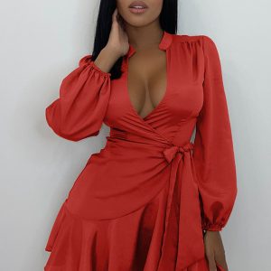 This Women's Sexy Wrap Neck Long Sleeve Slim Waist Dress Design Made Of High Quality Polyster And Spandex Material. It Is Stretchy