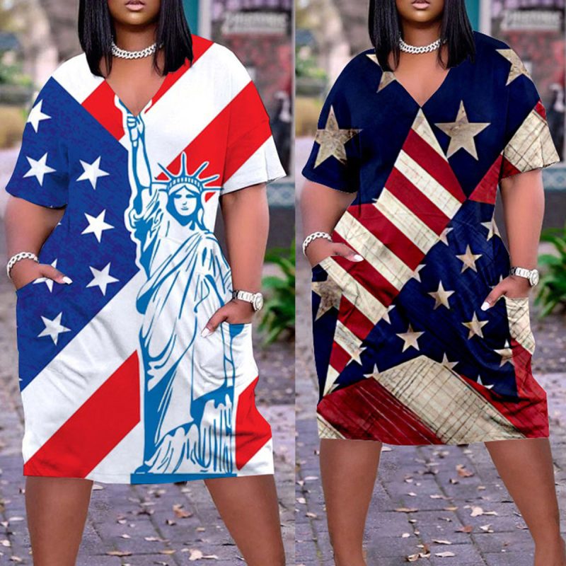 This Women's Short Sleeve v-Neck American Flag Print Casual Dress Made Of Soft And Elastic Fabric. Global Lover Wholesale Plus Size Dresses And Hope Curvy Ladies Find Here a Warm And Exciting Place To Shop Affordable Curvy Dresses Online - Plus Size Casual