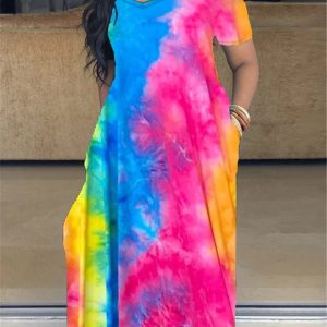 This Women's Short Sleeve v-Neck Tie Dye Sleeveless Plus Size Dress Made Of Soft And Elastic Fabric. Global Lover Wholesale Plus Size Dresses And Hope Curvy Ladies Find Here a Warm And Exciting Place To Shop Affordable Curvy Dresses Online - Plus Size Casual